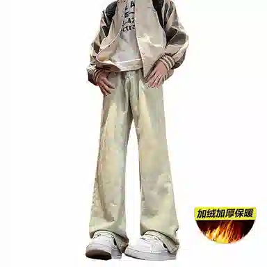 八哥 美式复古高街水洗做旧直筒宽松纯色牛仔裤 男女同款 黑灰色