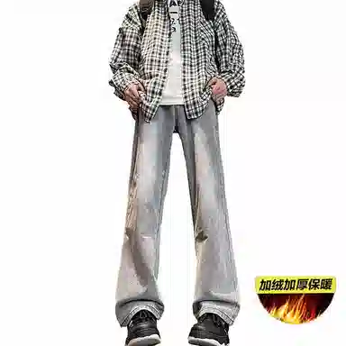 八哥 美式复古高街水洗做旧直筒宽松纯色牛仔裤 男女同款 黑灰色
