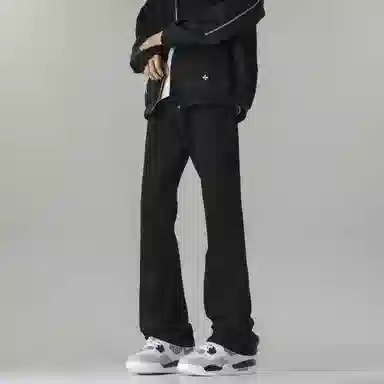 八哥 美式复古高街水洗做旧直筒宽松纯色牛仔裤 男女同款 黑灰色
