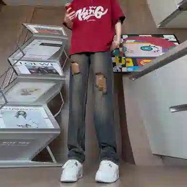 美式复古破洞废土风水洗做旧高街牛仔裤 男女同款