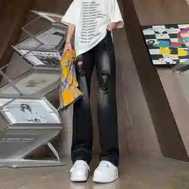 美式复古破洞废土风水洗做旧高街牛仔裤 男女同款
