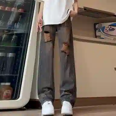美式复古破洞废土风水洗做旧高街牛仔裤 男女同款
