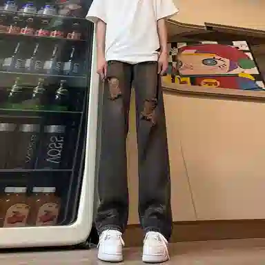 美式复古破洞废土风水洗做旧高街牛仔裤 男女同款