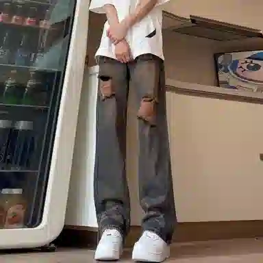 美式复古破洞废土风水洗做旧高街牛仔裤 男女同款