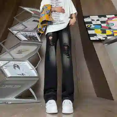 美式复古破洞废土风水洗做旧高街牛仔裤 男女同款