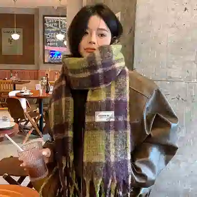 心水好物 韩系保暖针织加大加厚百搭格纹流苏 绒线围巾 男女同款情侣款