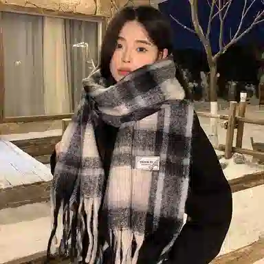 心水好物 韩系保暖针织加大加厚百搭格纹流苏 绒线围巾 男女同款情侣款