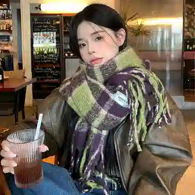 心水好物 韩系保暖针织加大加厚百搭格纹流苏 绒线围巾 男女同款情侣款