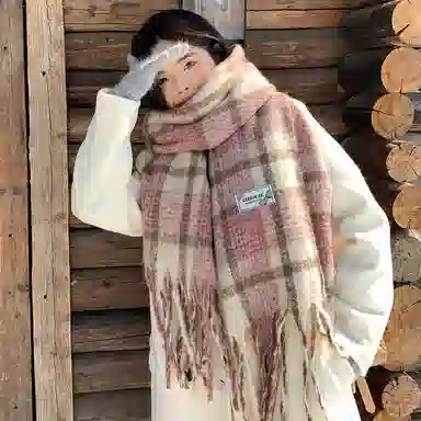 心水好物 韩系保暖针织加大加厚百搭格纹流苏 绒线围巾 男女同款情侣款