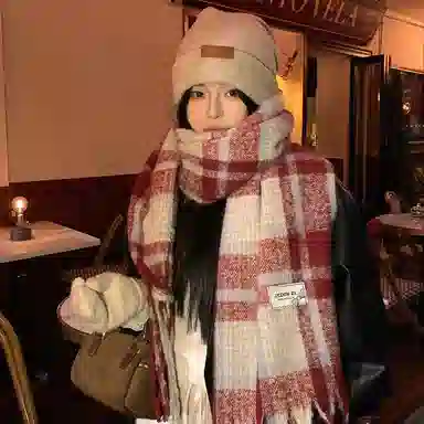 心水好物 韩系保暖针织加大加厚百搭格纹流苏 绒线围巾 男女同款情侣款