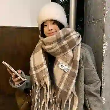 心水好物 韩系保暖针织加大加厚百搭格纹流苏 绒线围巾 男女同款情侣款