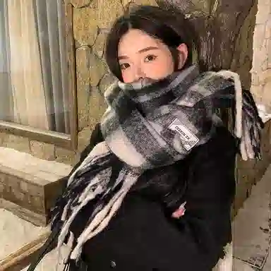 心水好物 韩系保暖针织加大加厚百搭格纹流苏 绒线围巾 男女同款情侣款