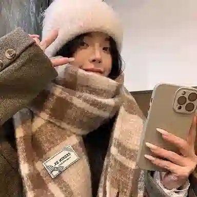 心水好物 韩系保暖针织加大加厚百搭格纹流苏 绒线围巾 男女同款情侣款