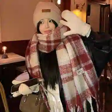 心水好物 韩系保暖针织加大加厚百搭格纹流苏 绒线围巾 男女同款情侣款