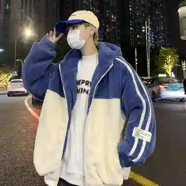 玉儿恋 学院风加绒加厚开衫韩版连帽保暖美式复古高街潮牌痞帅仿羊羔绒潮流休闲条纹字母蓄热防风绒感外套 男女同款