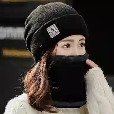 啄木鸟 帽子围脖两件套秋冬季简约百搭加绒加厚护耳脖颈包头帽户外学生骑行防寒遮脸面罩 聚酯纤维 绒线帽 男女同款情侣款