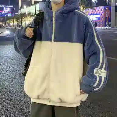 玉儿恋 学院风加绒加厚开衫韩版连帽保暖美式复古高街潮牌痞帅仿羊羔绒潮流休闲条纹字母蓄热防风绒感外套 男女同款