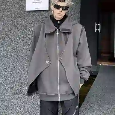 玉儿恋 美式复古高街纯色假两件星型金属扣小众设计感时尚百搭潮流连帽开衫夹克外套 男女同款