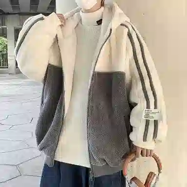 玉儿恋 学院风加绒加厚开衫韩版连帽保暖美式复古高街潮牌痞帅仿羊羔绒潮流休闲条纹字母蓄热防风绒感外套 男女同款