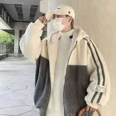 玉儿恋 学院风加绒加厚开衫韩版连帽保暖美式复古高街潮牌痞帅仿羊羔绒潮流休闲条纹字母蓄热防风绒感外套 男女同款