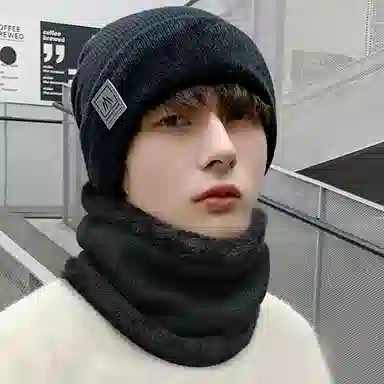 啄木鸟 帽子围脖两件套秋冬季简约百搭加绒加厚护耳脖颈包头帽户外学生骑行防寒遮脸面罩 聚酯纤维 绒线帽 男女同款情侣款