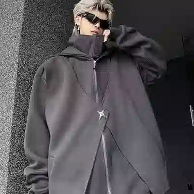 玉儿恋 美式复古高街纯色假两件星型金属扣小众设计感时尚百搭潮流连帽开衫夹克外套 男女同款