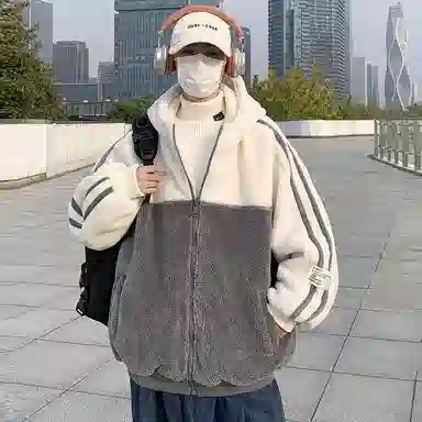 玉儿恋 学院风加绒加厚开衫韩版连帽保暖美式复古高街潮牌痞帅仿羊羔绒潮流休闲条纹字母蓄热防风绒感外套 男女同款