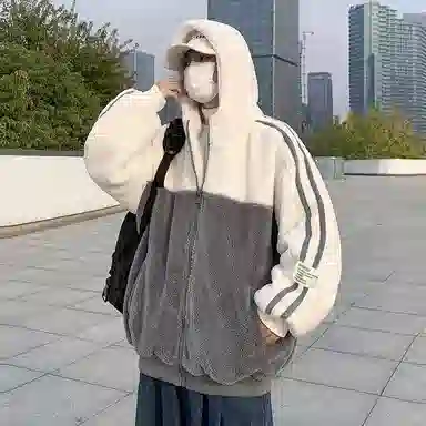 玉儿恋 学院风加绒加厚开衫韩版连帽保暖美式复古高街潮牌痞帅仿羊羔绒潮流休闲条纹字母蓄热防风绒感外套 男女同款