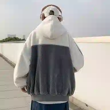 玉儿恋 学院风加绒加厚开衫韩版连帽保暖美式复古高街潮牌痞帅仿羊羔绒潮流休闲条纹字母蓄热防风绒感外套 男女同款