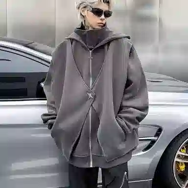 玉儿恋 美式复古高街纯色假两件星型金属扣小众设计感时尚百搭潮流连帽开衫夹克外套 男女同款