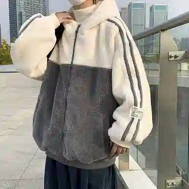 玉儿恋 学院风加绒加厚开衫韩版连帽保暖美式复古高街潮牌痞帅仿羊羔绒潮流休闲条纹字母蓄热防风绒感外套 男女同款