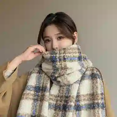 心水好物 韩系加绒加厚百搭冬季格子拼接包边 绒线围巾 男女同款情侣款