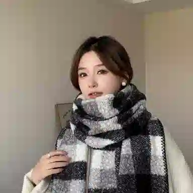 心水好物 韩系加绒加厚百搭冬季格子拼接包边 绒线围巾 男女同款情侣款