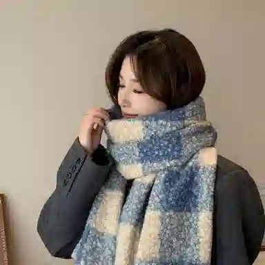 心水好物 韩系加绒加厚百搭冬季格子拼接包边 绒线围巾 男女同款情侣款