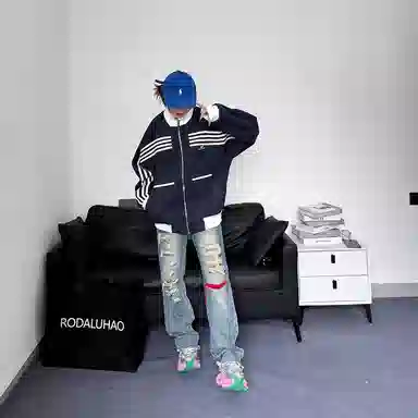 玉儿恋 嘻哈街头美式撞色立领拉链休闲宽松个性潮牌复古条纹设计夹克外套 男女同款