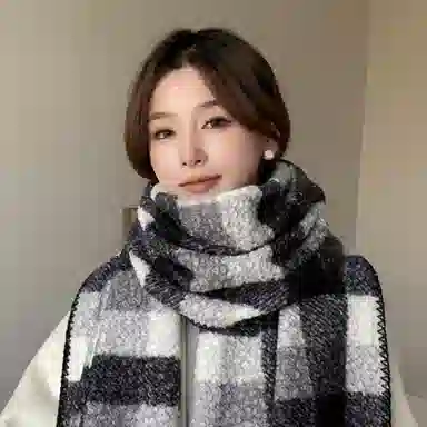 心水好物 韩系加绒加厚百搭冬季格子拼接包边 绒线围巾 男女同款情侣款