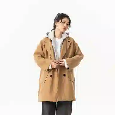 玉儿恋 美式潮牌拼接复古百搭休闲双排扣防风中长款连帽假两件设计夹棉加厚保暖学院风宽松毛呢外套大衣 男女同款