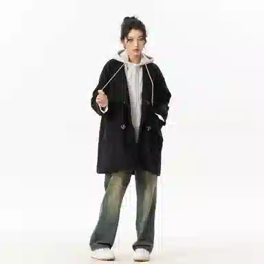 玉儿恋 美式潮牌拼接复古百搭休闲双排扣防风中长款连帽假两件设计夹棉加厚保暖学院风宽松毛呢外套大衣 男女同款