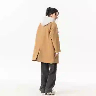 玉儿恋 美式潮牌拼接复古百搭休闲双排扣防风中长款连帽假两件设计夹棉加厚保暖学院风宽松毛呢外套大衣 男女同款