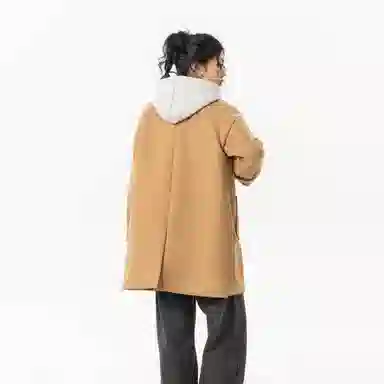 玉儿恋 美式潮牌拼接复古百搭休闲双排扣防风中长款连帽假两件设计夹棉加厚保暖学院风宽松毛呢外套大衣 男女同款