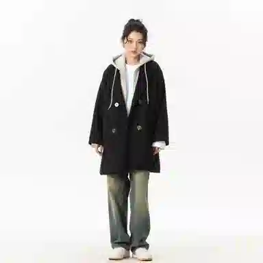 玉儿恋 美式潮牌拼接复古百搭休闲双排扣防风中长款连帽假两件设计夹棉加厚保暖学院风宽松毛呢外套大衣 男女同款