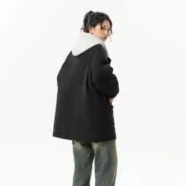 玉儿恋 美式潮牌拼接复古百搭休闲双排扣防风中长款连帽假两件设计夹棉加厚保暖学院风宽松毛呢外套大衣 男女同款