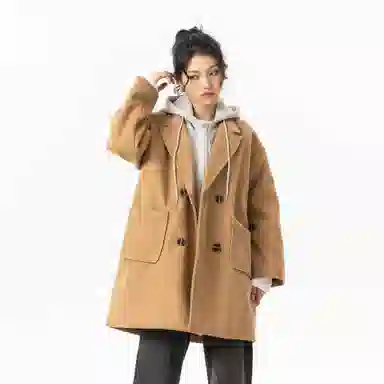 玉儿恋 美式潮牌拼接复古百搭休闲双排扣防风中长款连帽假两件设计夹棉加厚保暖学院风宽松毛呢外套大衣 男女同款