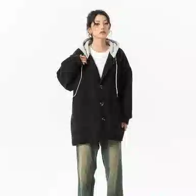 玉儿恋 美式潮牌拼接复古百搭休闲双排扣防风中长款连帽假两件设计夹棉加厚保暖学院风宽松毛呢外套大衣 男女同款