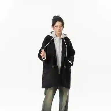 玉儿恋 美式潮牌拼接复古百搭休闲双排扣防风中长款连帽假两件设计夹棉加厚保暖学院风宽松毛呢外套大衣 男女同款