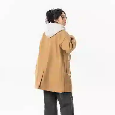 玉儿恋 美式潮牌拼接复古百搭休闲双排扣防风中长款连帽假两件设计夹棉加厚保暖学院风宽松毛呢外套大衣 男女同款