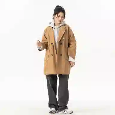 玉儿恋 美式潮牌拼接复古百搭休闲双排扣防风中长款连帽假两件设计夹棉加厚保暖学院风宽松毛呢外套大衣 男女同款