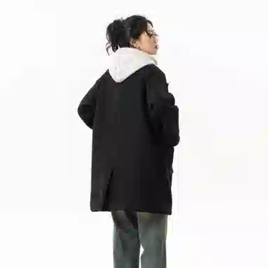 玉儿恋 美式潮牌拼接复古百搭休闲双排扣防风中长款连帽假两件设计夹棉加厚保暖学院风宽松毛呢外套大衣 男女同款