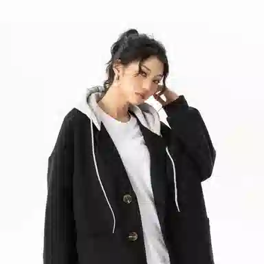 玉儿恋 美式潮牌拼接复古百搭休闲双排扣防风中长款连帽假两件设计夹棉加厚保暖学院风宽松毛呢外套大衣 男女同款
