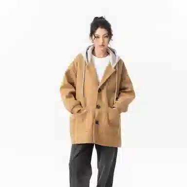 玉儿恋 美式潮牌拼接复古百搭休闲双排扣防风中长款连帽假两件设计夹棉加厚保暖学院风宽松毛呢外套大衣 男女同款